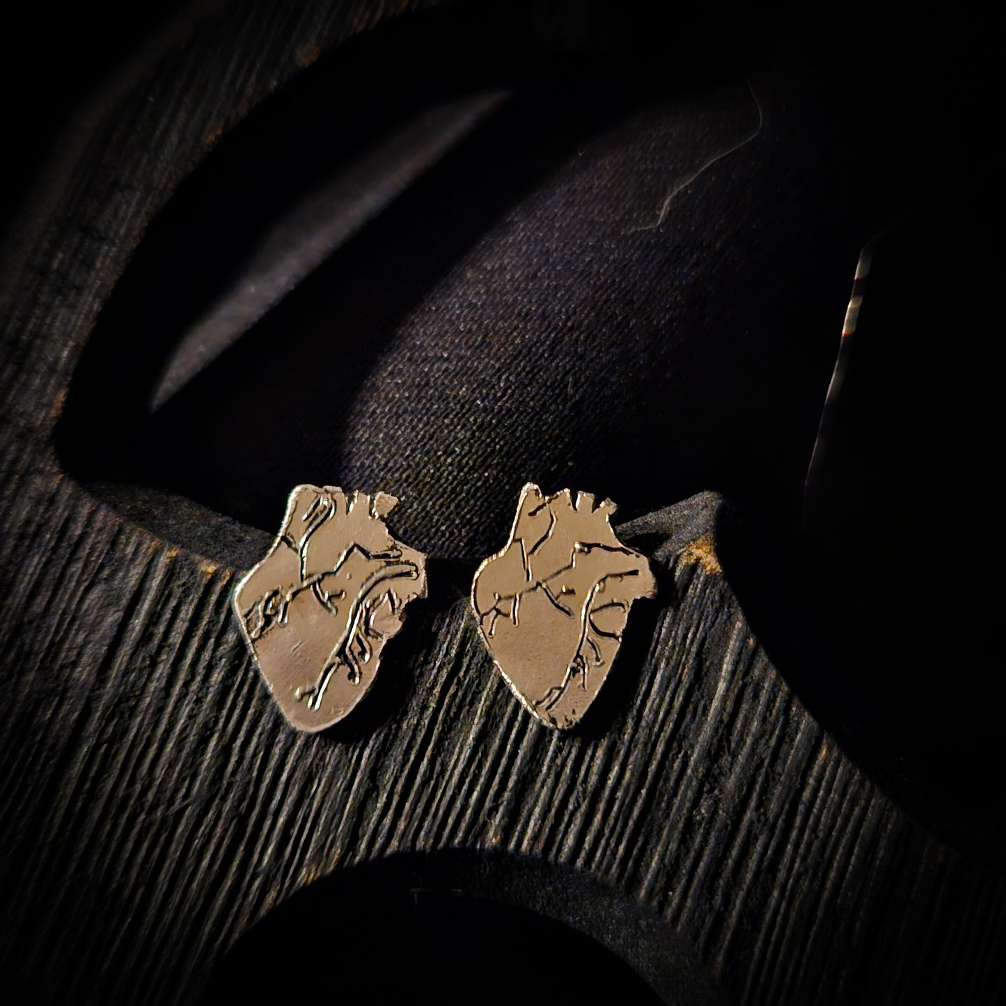 Sterling silver anatomical heart earrings on a dark wooden surface