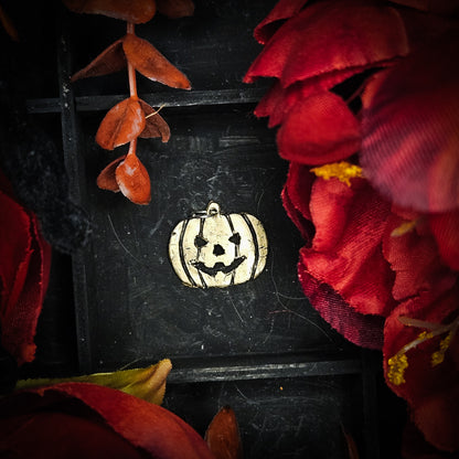 A brass carved pumpkin-shaped pendant with a black jack-o'-lantern face, displayed on a dark textured background surrounded by red and orange autumn leaves and flowers.