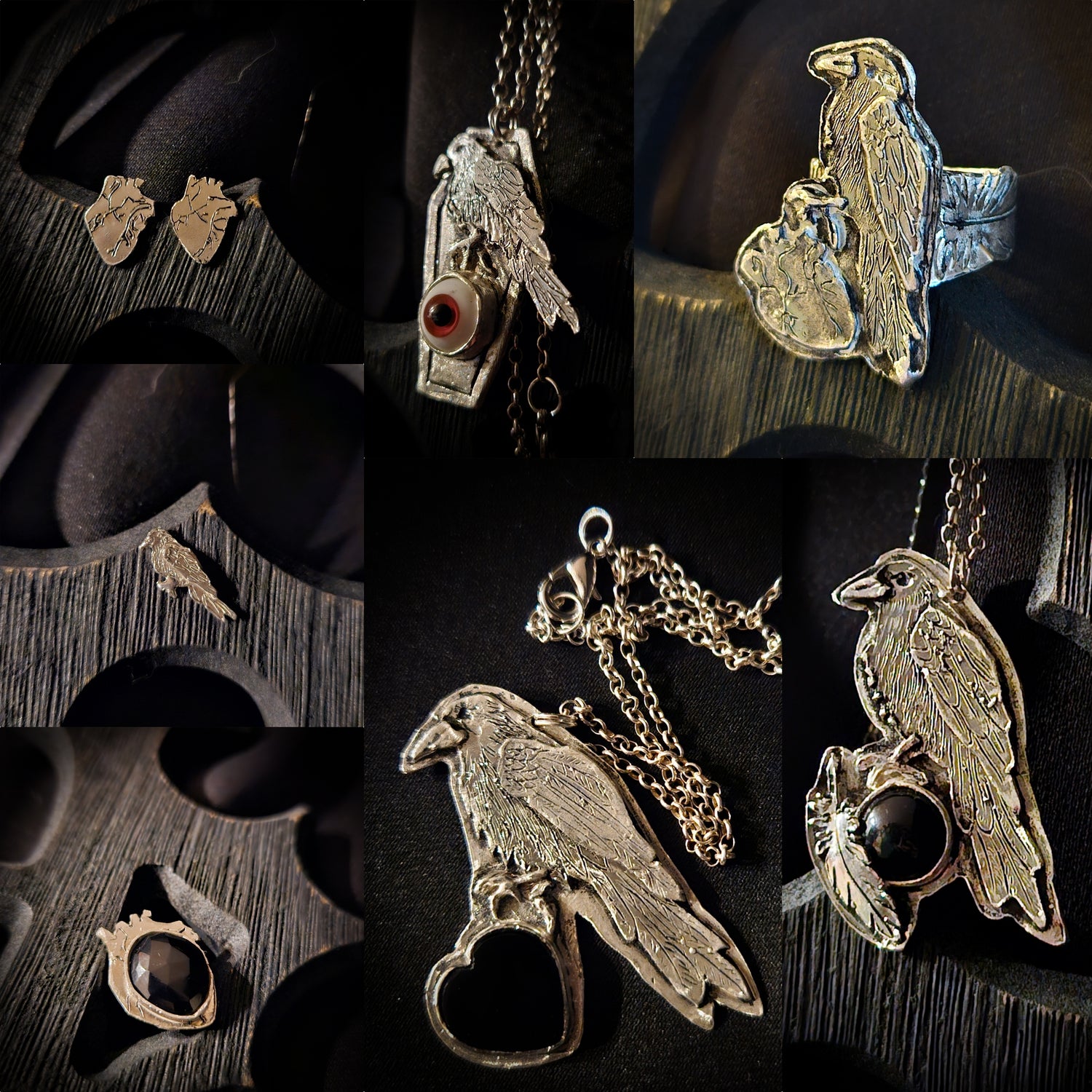 Collage of silver jewelry with bird designs on a dark background