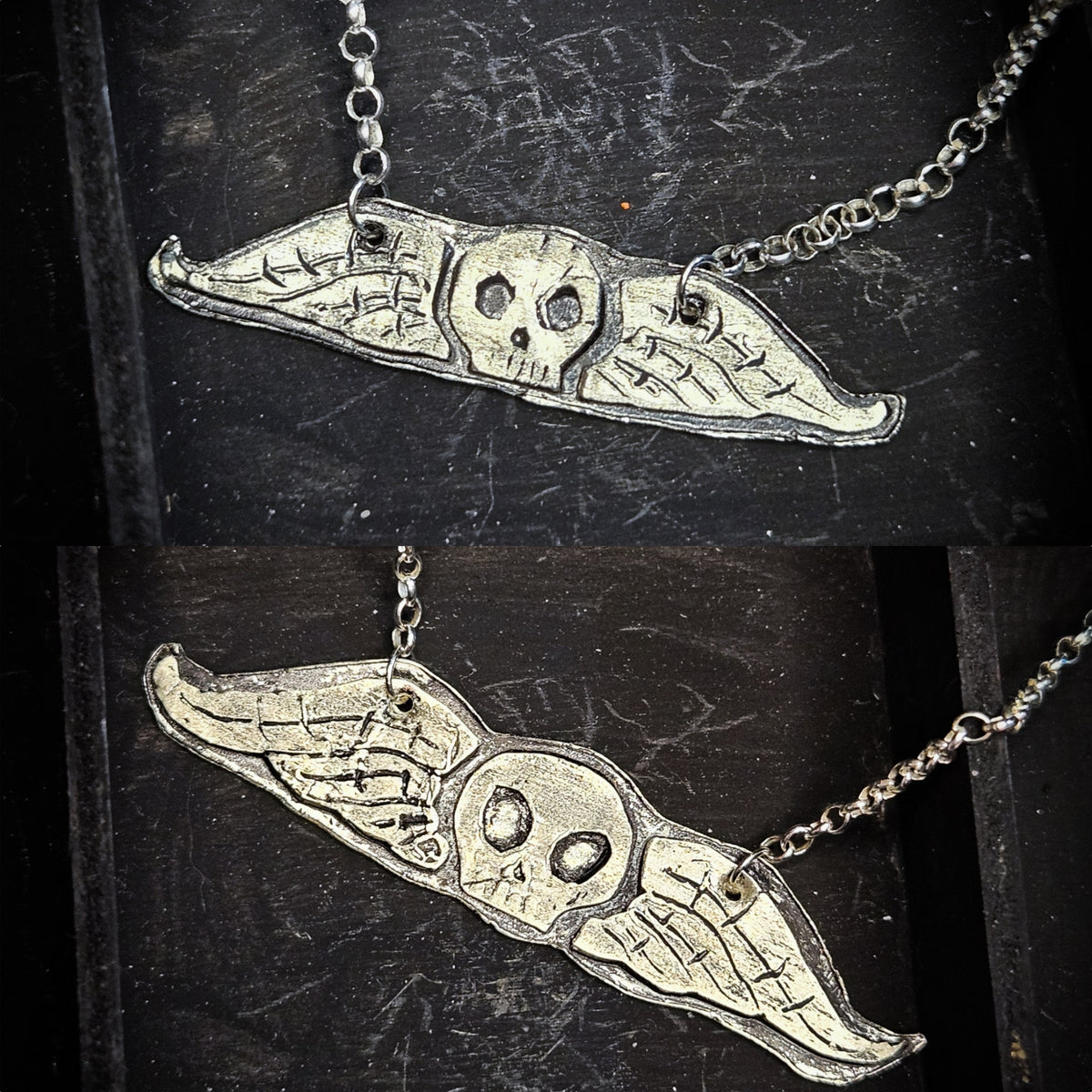 Small Death's head inspired pendant (top), large Death's head inspired pendant (bottom) made from sterling silver