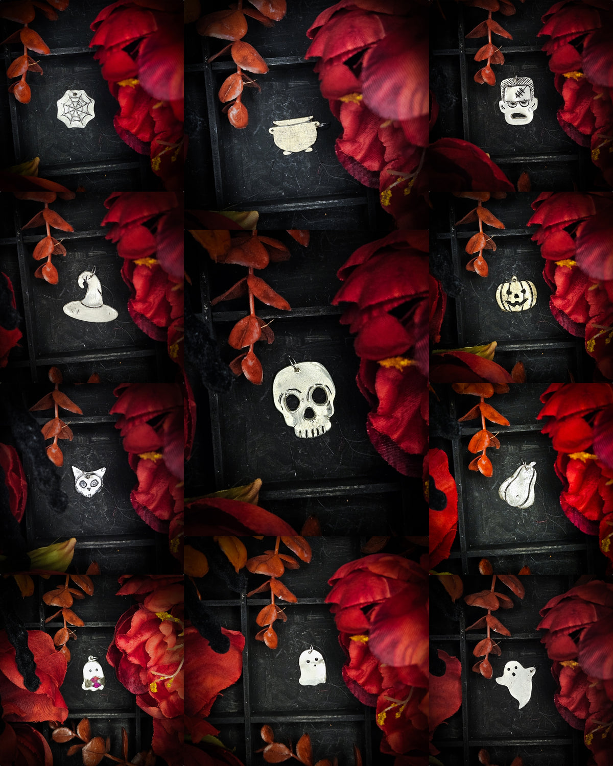 A collage of large sterling silver and brass Halloween-themed charms or pendants displayed on a dark grid background, surrounded by red flowers and autumn leaves. The charms include a witch hat, a cauldron, a skull, a jack-o'-lantern, a ghost, a pumpkin, and a cat.